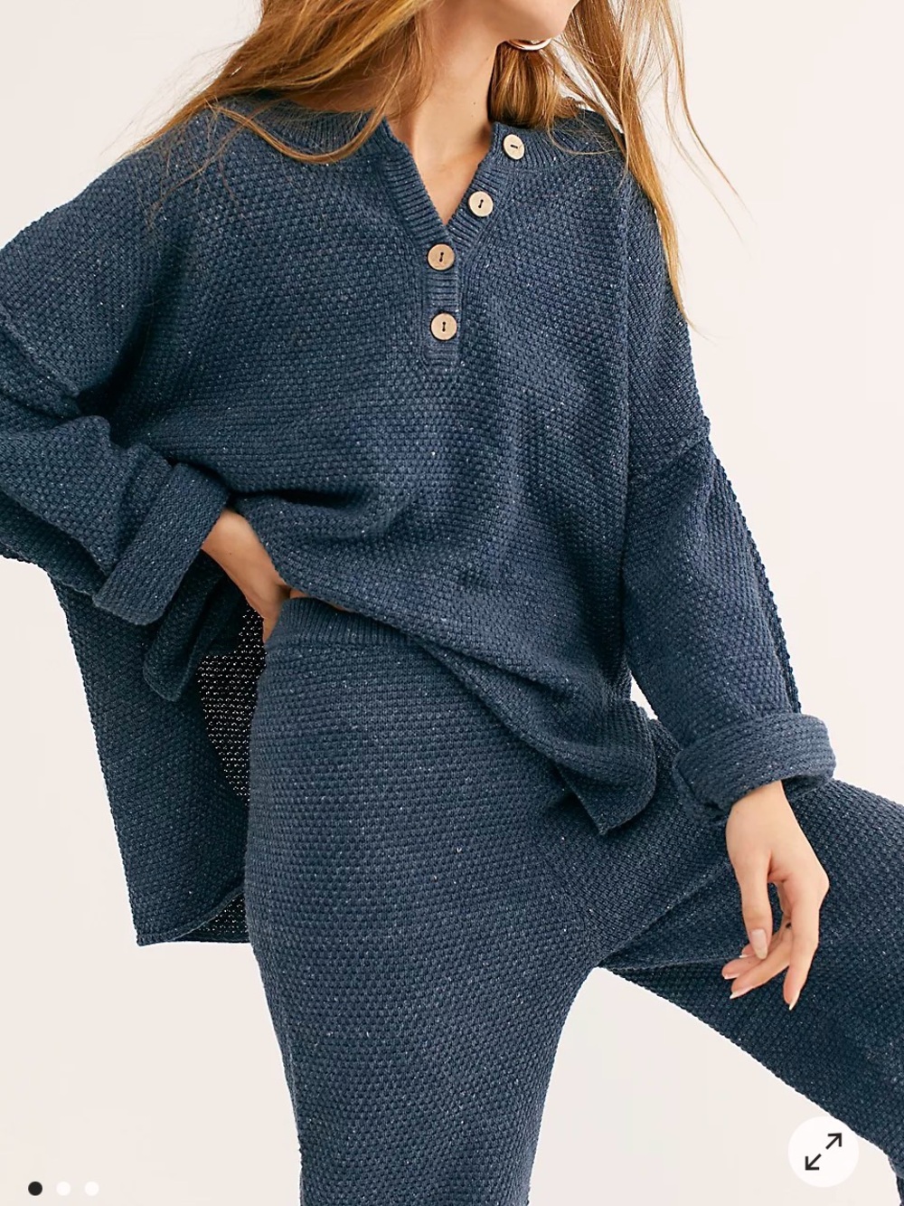 FP Beach Textured Knit Sweater Set Slate Blue Size Large 100% Cotton